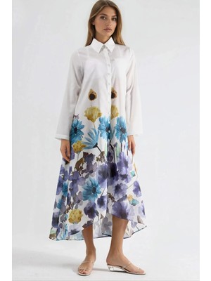 Hiccup Kadınlar Msn Gömlek Yaka ve Düğme Kapatmalı Çiçek Desenli Maxi Elbise Beyaz