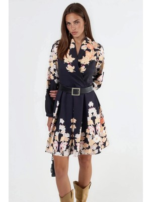 Hiccup Kadınlar Msn Çiçek Desenli V-Yaka Kemerli Mini Elbise Çok Renkli