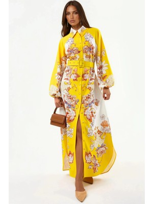 Hiccup Kadınlar Msn Gömlek Yaka ve Bağlı Kapatmalı Çiçekli Maxi Elbise Çok Renkli