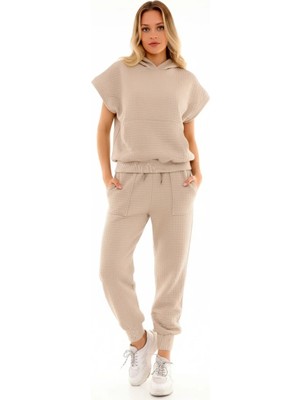 Khi-Zai Kapüşonlu Cepli Kısa Kol Sweat Cepli Bel Büzgülü Pantolon Takım