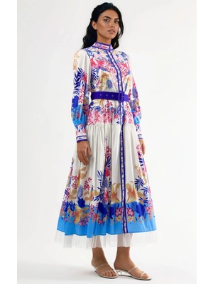 Hiccup Kadınlar Msn Kemerli Çiçekli Maxi Elbise Beyaz