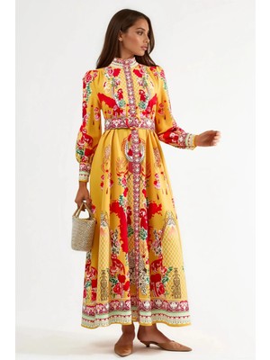 Hiccup Kadınlar Msn Çiçekli Kemerli Maxi Elbise Sarı