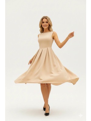 Khi-Zai Kadın Inci Detaylı A Kesim Kolsuz Sırtı Açık Scuba Kumaş Midi Boy Elbise