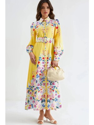 Hiccup Kadınlar Msn Düğmeli Çiçekli Maxi Elbise Limon Sarısı