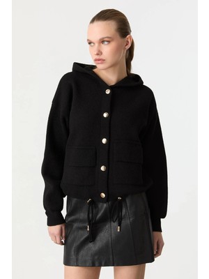 Accort Kapüşon Detaylı Peluş Hırka-Siyah