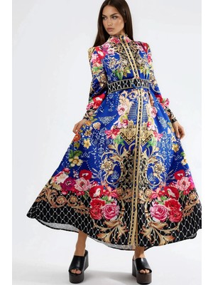 Hiccup Kadınlar Msn Çiçekli Kemerli Maxi Elbise Mavi