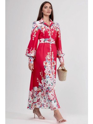 Hiccup Kadınlar Msn Düğmeli Çiçekli Maxi Elbise Kırmızı