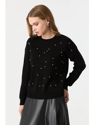 Accort Inci Işleme Detaylı Triko Tkazak-Siyah