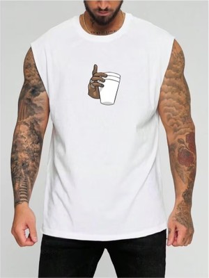 Punix Punıx Büyük Beden Özel Tasarım Kahve Sevdası Bardak Tutan El Baskılı Yazlık Erkek Kolsuz T-Shırt