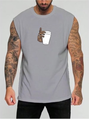 Punix Punıx Büyük Beden Özel Tasarım Kahve Sevdası Bardak Tutan El Baskılı Yazlık Erkek Kolsuz T-Shırt