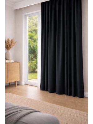 Siyah Blackout Saten Karartma Perde Pilesiz Kornişli Kullanıma Hazır Fon Perde