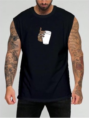 Punix Punıx Büyük Beden Özel Tasarım Kahve Sevdası Bardak Tutan El Baskılı Yazlık Erkek Kolsuz T-Shırt