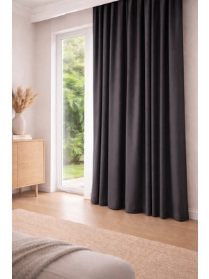 Antrasit Blackout Saten Karartma Perde Pilesiz Kornişli Kullanıma Hazır Fon Perde