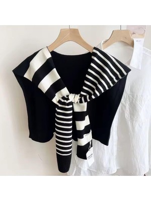 Eleva Glam Siyah Beyaz Triko Omuz Şalı