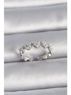 Clariss Üreticiniz Pirinç Gümüş Renk Ayarlanabilir Incili Kalp Model Kadın Yüzük YN1348