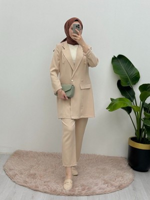 Moda Morfo Kruvaze Yaka Sahte Cep Detaylı Ceket Pantolonlu Takım -Bej