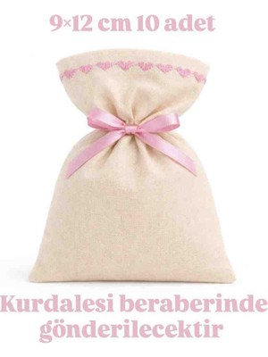 Alasmiel 10 Adet 9×12 cm Pembe Nakışlı Ham Bez Kese Çok Amaçlı Bez Poşet