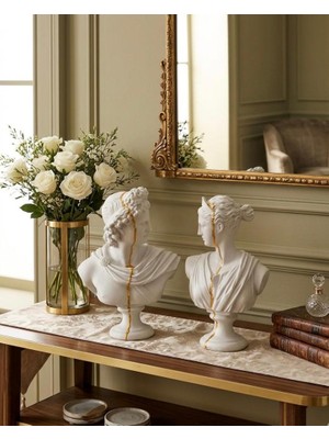 Mirsa Global Dekoratif Apollo Diana Büst Biblo – Antik Yunan Heykel Tarzı, Biblo Gold Detaylı Lüks Salon Konsol Süs Objesi ( Polyester)