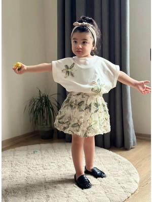 Butik Kız Çocuk 3 Boyutlu Çiçek Desenli Etekli 2'li Takım