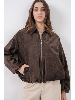Bigdart Kadın Büzgülü Oversize Kadife Ceket 0733 - Kahverengi