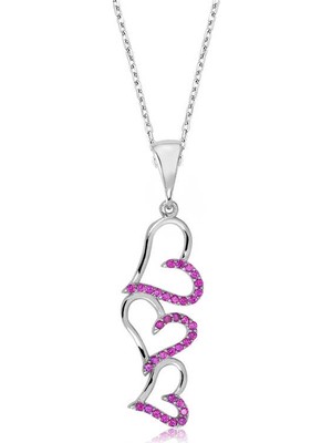 Gümüş Pembe Üç Kalpli Bayan Kolye