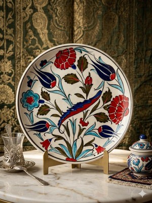 Anka Select El Yapımı Iznik  Çini Desenli Dekoratif  Tabak - Lale ve Karanfil Motifli 25X 25