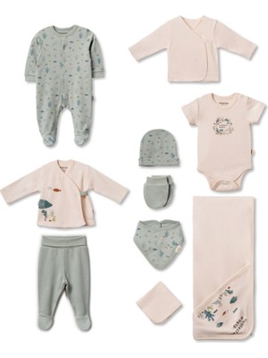 BabyCosy Organic Wear %100 Organik Pamuk 10’lu Hastane Çıkış Seti Yenidoğan Bebek Seti – Tulum, Zıbın, Battaniye, Şapka, Eldiven, Önlük