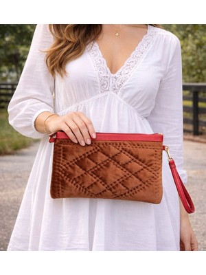 Ky Atelier Kahverengi Kumaş Kapitone Portföy Çanta- El Yapımı Clutch- Abiye & Günlük Kullanım- Şık Kadın Çanta