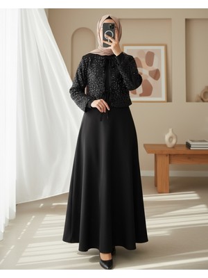 Moda Morfo Pul Payet Ceket Kloş Etek Takım -Siyah