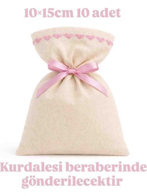 Alasmiel 10 Adet 10×15 cm Pembe Nakışlı Ham Bez Kese Çok Amaçlı Bez Poşet