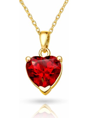 Gümüş Gold Kırmızı Taşlı Kalpli Kadın Kolye