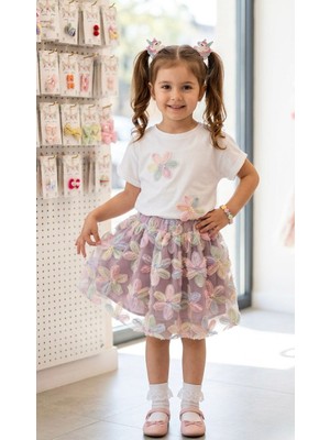 Butik Kız Çocuk 3 Boyutlu Çiçek Desenli Etekli 2'li Takım