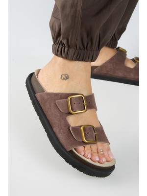 Manijero Sevalli Kadın Deri Hakiki Deri Çift Tokalı Kahve Terlik