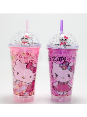 Fırsatkolik Sevimli Hello Kitty Işıklı Pipetli Boncuklu Suluk & Bardak (400 Ml)