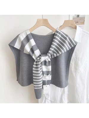 Eleva Glam Gri Beyaz Çizgili Triko Omuz Şalı