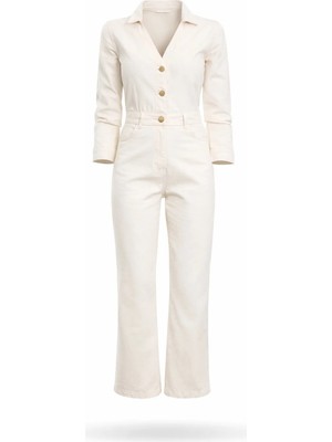 5in1Canpolat Bej Polo Yaka Denim Tulum