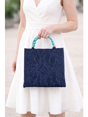 Ky Atelier Lacivert Saten Askılı Kapitone Portföy Çanta- El Yapımı Clutch- Abiye & Günlük Kullanım- Şık Kadın Çanta
