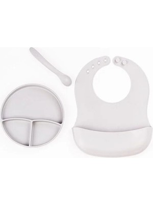 Fırsatkolik Gri 3’lü Silikon Yemek Seti – Önlük + Diş Kaşıyıcılı Kaşık + Vakumlu Tabak