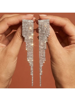 Valmont Accessories Taşlı Işıltılı Sallantılı Uzun Abiye Kadın Küpe Kristal Taşlı