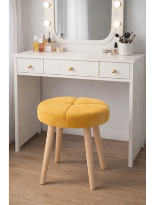 Mervish Decor Ahşap Ayaklı Baklava Desenli Yuvarlak Puf Tabure Makyaj Masası Önü
