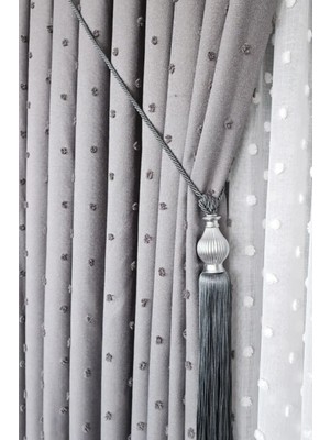 Keten Dokulu Ponponlu Gri Pano Fon Perde Tek Kanat Sık Pileli