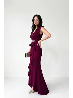 Kruvaze Yaka Kadın Taşlı Volanlı Abiye