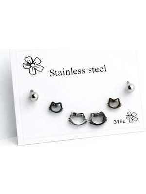 Makewell Minik Kedi Çelik Küpe 3'li Set Paslanmaz Çelik Kız Çocuk Hediye