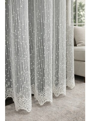 Damla Desenli Tül Perde Eteği Işlemeli Sık Pile Tül Perde
