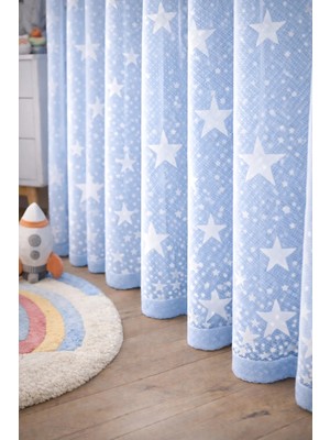 Mavi Yıldızlı Erkek Çocuk Odası Tül Perde Kullanıma Hazır Yıldız Motifli Korniş Düğmeli