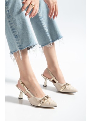 Shemard K-250 Altın Günlük Arkası Açık Tokalı Topuklu Kadın Ayakkabı