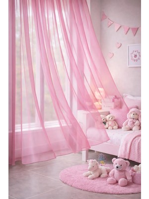 Pembe Grek Düz Tül Perde Kornişli Kullanıma Sık Pile Kullanıma Hazır Kız Çocuk Odası