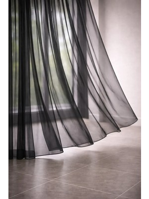 Siyah Grek Düz Tül Perde Kornişli Kullanıma Sık Pile Kullanıma Hazır