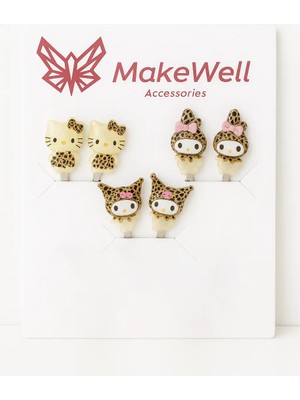 Makewell Hello Kitty Kedisi Sıkıştırmalı Küpe 3'li Set Deliksiz Kulağa Uygun Kız Çocuk Hediye