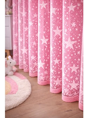 Pembe Yıldızlı Kız Çocuk Odası Tül Perde Kullanıma Hazır Yıldız Motifli Korniş Düğmeli